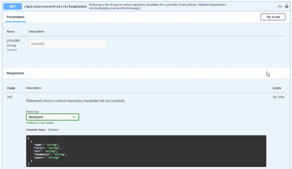 The sourcecontrol templates call in Swagger